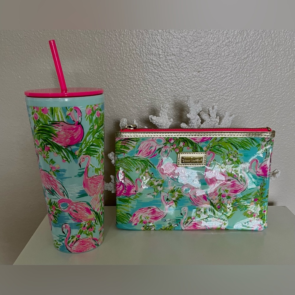 Lilly Pulitzer plastic tumbler and pouch.